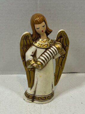 VTG Christmas Angel Musician Figurine Playing Accordion Plaster Gold Accents 6.5